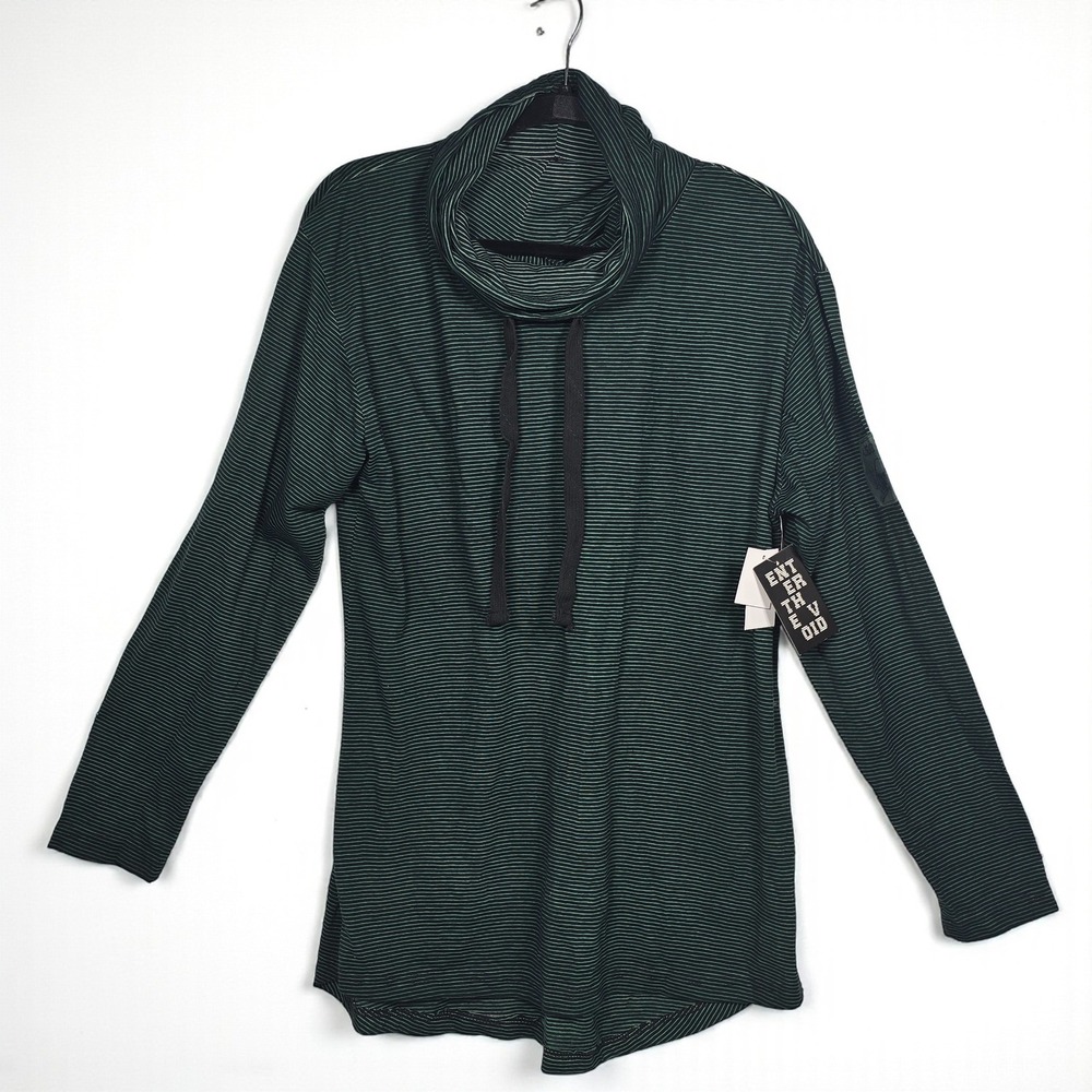 Enter The Void XL‎ Yong Mens Green Striped Ninja Cowl Neck Long Sleeve Top NWT
